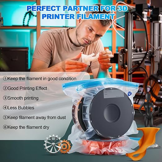AGPTEK 3D Printer Filament Storage Bags 11.8×13.4 inch(20 Pack) - Vacuum Sealed Kit with 500mAh Electric Pump & Silica Gel Desiccants, Moisture-Proof and Dust-Proof for PLA, ABS, PETG Filament (PA+PE) - Image 5
