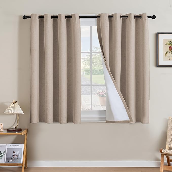 H.VERSAILTEX Linen Curtains 100% Blackout Curtains for Bedroom 45 inch Long Full Light Blocking Nature Linen Blended Window Curtains for Living Room Nickel Grommet (2 Panels, Heathered Sand) by HVERSAILTEX