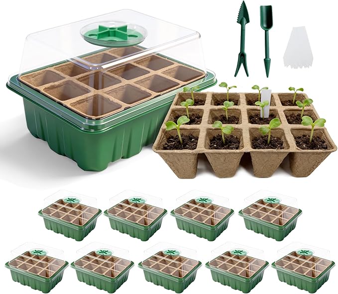 Seed Starter Tray Kit 10 Pack, Seed Starting Trays with Humidity Dome (120 Cells Total), Plant Germination Trays Complete Mini Greenhouse for Seed Growing & Seedlings by Unknown