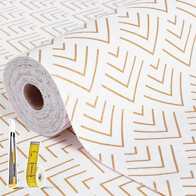 Shelf Liner for Kitchen Cabinets Non Adhesive Drawer Liner Non-Slip Thickened Shelf Liner Paper Strong Easy to Clean for Tool Box Refrigerator with Knife and Tape Measure, Gold Arrow, 23.6 x 236.2 in by Oneoftheworld