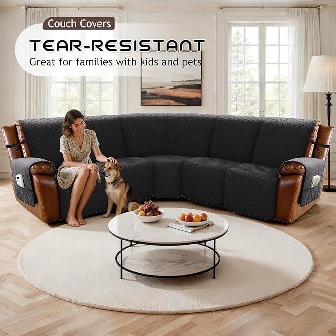 Arfntevss Waterproof Recliner Sectional Couch Covers for Reclining Sectional L Shape Sofa Cover Non Slip Washable Recliner L Shaped Slipcover Sets for Dog Furniture Protector (5 Seater, Inky Black) - Image 7
