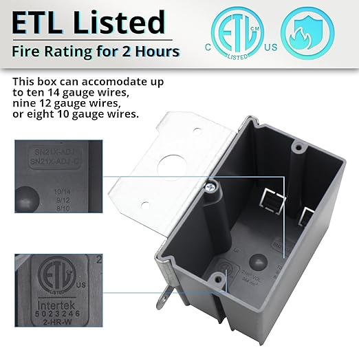 MAKERELE 1-Gang Adjustable Electrical Outlet Box, 21 Cubic Inches Adjustable Non-Metallic Outlet Box, PVC Grey Adjustment Screw to Adjust The Box Depth with ETL Certified(1 Pack) - Image 4