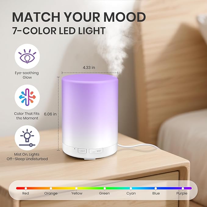 URPOWER 300ml Essential Oil Diffuser: Ultrasonic Aromatherapy Diffuser Quiet Auto Shut-Off, 4 Timer Settings(1H 3H 6H ON) & 7-Color Night Light Humidifier for Yoga Bedroom Living Room Office - Image 4