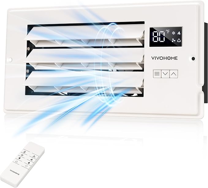 VIVOHOME 4'' x 10'' Opening Register Booster Fan with Adjustable Wind Direction Louver, Smart Intelligent Thermostat & 10-Speed Remote Control - 11.4" x 5.5" Vent Cover for Room, Floor, Wall - White by VIVOHOME