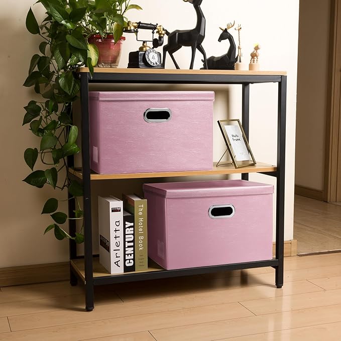 PRANDOM Large Collapsible Storage Box with Lid [1-Pack] Leather Fabric Foldable Storage Bin Organizer Container Basket Cube with Cover for Home Bedroom Closet Office Nursery Pink (17.7x11.8x11.8) - Image 3