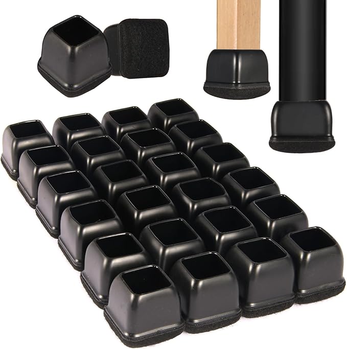 Square Chair Leg Floor Protectors Medium 24Pcs,Silicone Chair Leg Protectors for Hardwood Floors/Tiles,Black 360°Wrapped Felt Bottom to Prevent Scratch and Reduce Noise by YTEACIUL