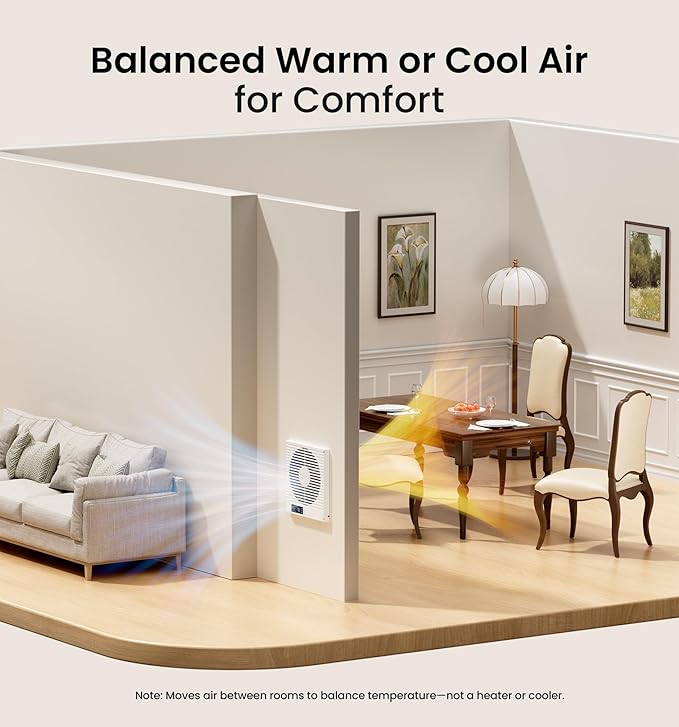 8" Room to Room Ventilation Fan with Remote, Quiet Reversible Through the Wall Air Transfer Fan, 10-Speed Smart Exhaust Vent, Temperature Control, ETL Certified for Bedroom, Kitchen, Laundry - Image 3