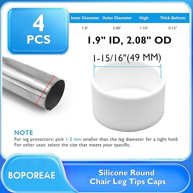 4 Pcs 1-15/16"(49 mm) Round Chair Leg Tips Caps, Silicone Rubber Furniture Leg Floor Protectors, Reduce Noise Folding Metal Chair Leg Cap Replacement for Bar Stool Leg Patio Indoor, White - Image 9