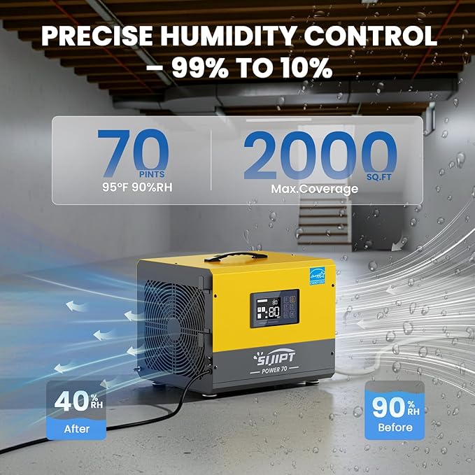 70 Pint Crawl Space Dehumidifier with Energy Star & Pump & Drain Hose for Basement, Commercial, Whole House, Industrial, Water Damage Restoration, Spaces Up to 2000 Sq Ft, Auto Defrost,Memory Restart - Image 3