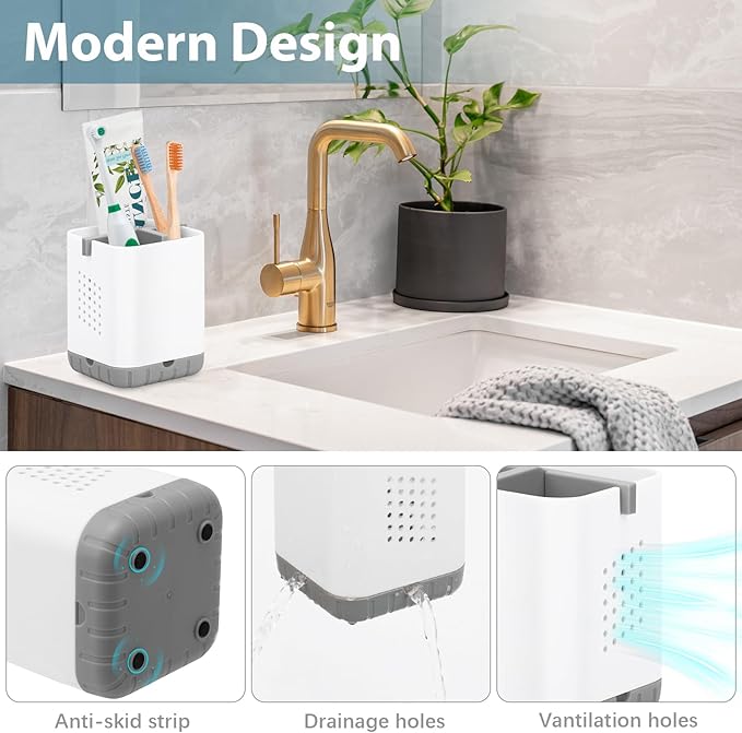 Boperzi Toothbrush Holders for Bathrooms, Detachable Electric Toothbrush Holder, Kids Toothbrush Holder Drainage, 3 slot Toothbrush and Toothpaste Holder Storage Caddy, Toothbrush Organizer White/Grey - Image 3