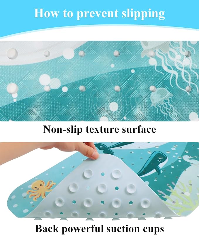 Bath Mat for Tub Non Slip, Machine Washable Anti-Slip Cartoon Baby Bathtub Shower Mat with Drain Holes and Suction Cups for Toddler & Kids, 40 Inch x 16 Inch, Whales - Image 3