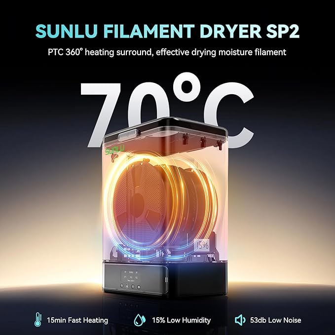SUNLU Filament Dryer & Storage Box SP2, Fit 2-Spools 1KG Filament, 70℃ Max Temperature Dryer Box with 360° Heating for 3D Printer Filament Drying and Sealing, Compatible with PLA PETG ABS TPU 1.75mm - Image 2