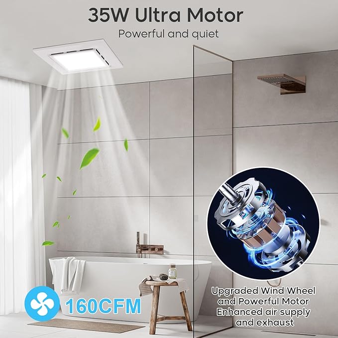 12" Bathroom Exhaust Fan with Light Ultra Quiet Ventilation Fan Combo 1.0 Sone 145CFM 10"x10" Mount (metal) - Image 4