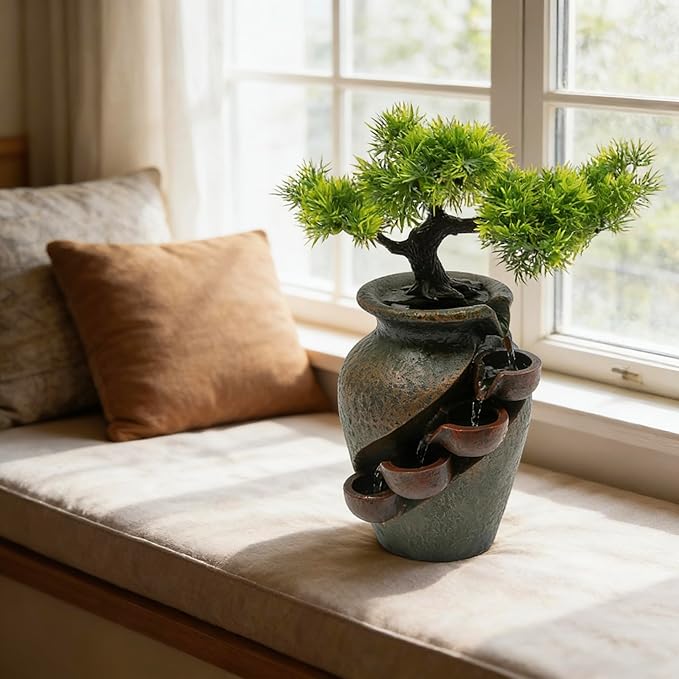 8.7inch Vase Type Artificial Bonsai Tree Fake Plant Mini Tabletop Waterfall Fountain with Water Flow, Indoor Desktop Decoration for Office Restaurant Coffee Home Decor or Festival Birthday Surprise - Image 5