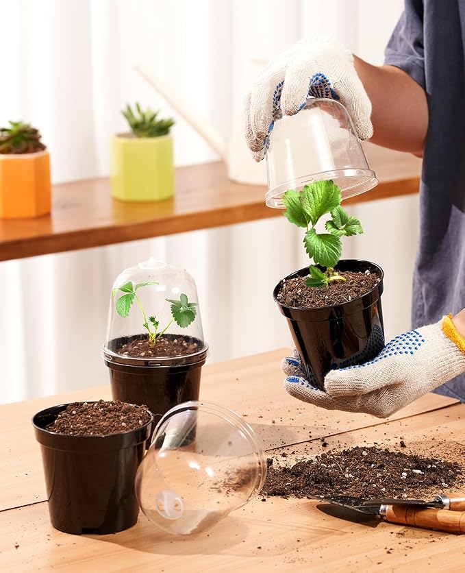 homenote Nursery Pots for Plants,5 Inch Plant Pot for Planting with Humidity Domes Plastic Seedling with Drainage Holes Seed Starter Flower with 10 Labels Black (15 Pack) - Image 2
