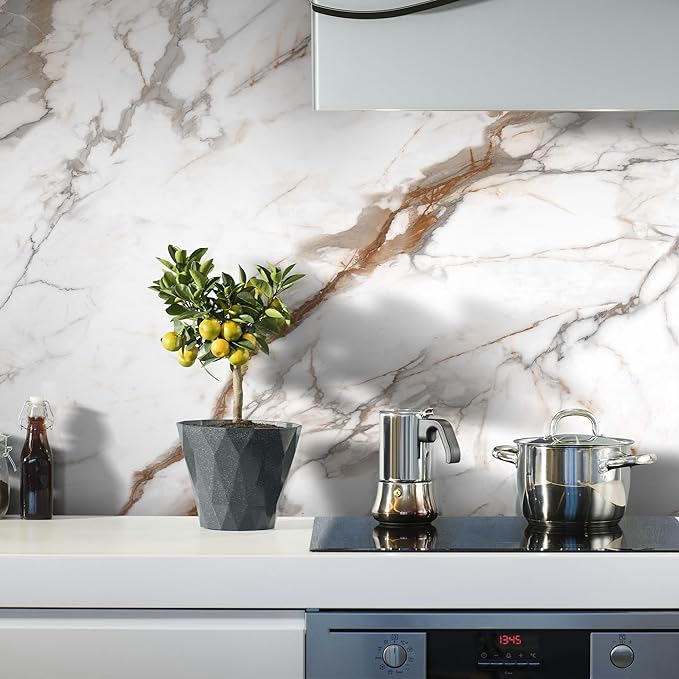 Marble Peel and Stick Waterproof Wall Paneling, 118" x 47" Calacatta Gold Glossy Finish Self-Adhesive Backsplash Tile Vinyl Wall Panel for Kitchen Bathroom Wall Decor, Covers 38.75 Sq. Ft. - Image 8