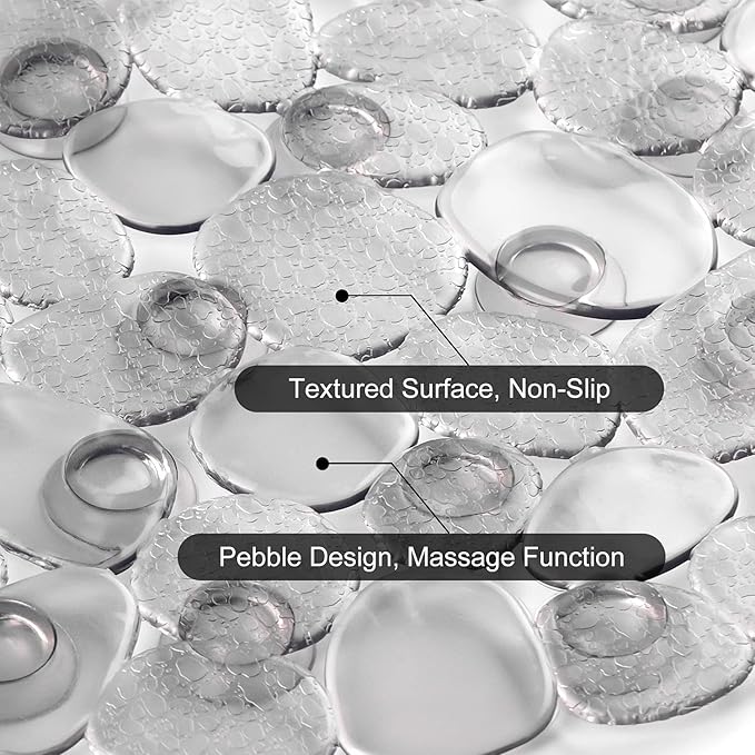 WELTRXE Pebbles Bathtub Mat Non Slip Oval Shower Mat with Suction Cups, Drain Holes, 27 x 14 Inch Plastic Bathroom Tub Mats Machine Washable, BPA, Latex Free Safety Mat for Bath Tub, Clear Gray - Image 4