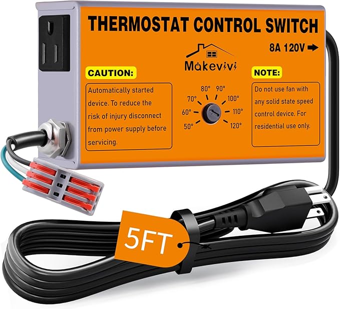 Attic Fan Thermostat-Control: with Socket and Wire Connector, Can Be Connected to Two Fans, Replacement Thermostat with Overload Protector, Temperature Controlled Exhaust Fan for Workshop, Greenhouse by EasyToOperateLow-CostSolution