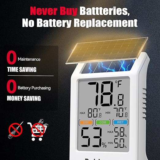 BaldrTherm Room Thermometer Indoor Humidity Meter Solar Powered with Max/Min Memory & Comfort Indicator - 3.2" Large Display for Home, White, 1Pack - Image 2