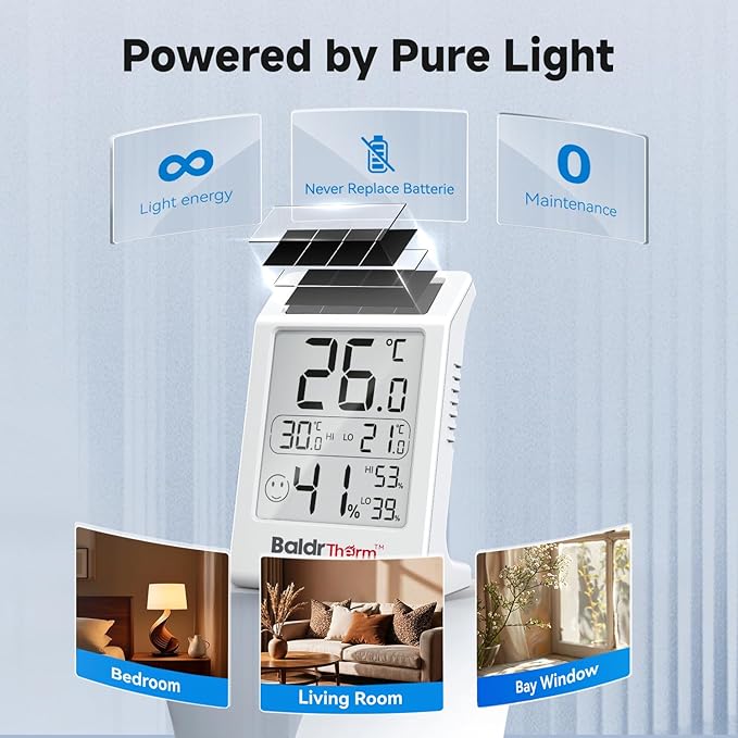 BaldrTherm Room Thermometer Indoor Humidity Meter, Solar-Powered 3.2'' Large Digital Temperature Sensor Monitor with Max/Min Reading for Baby Room, Home, Office, Black&White - Image 3