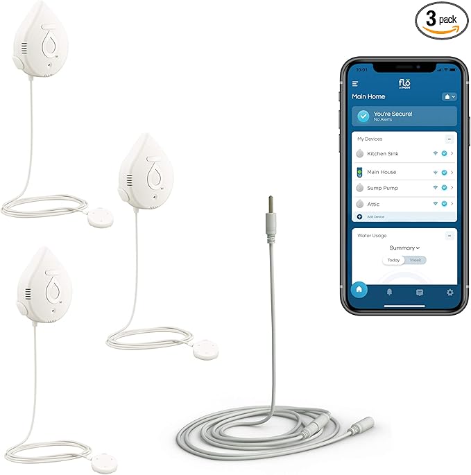 Flo by Moen Smart Water Detector, 3-Pack with Leak Sensing Cable (6-ft) by Moen