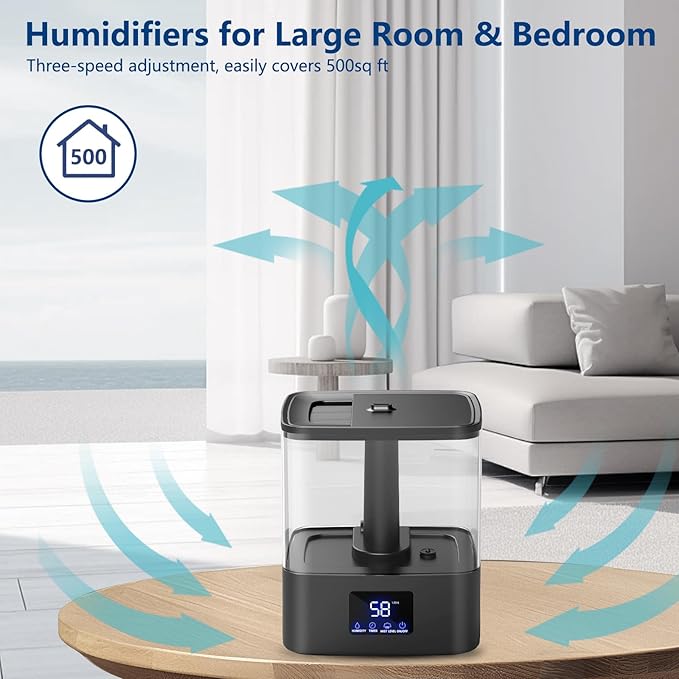 KZF 4L Top Fill Humidifiers for Bedroom & 60H Runtime - Cool Mist Humidifier, 3 Mist Levels, 8H Timer, Essential Oil Tray, Humidity Display, Quiet for Bedroom, Baby, Plants, Large Room (Black, 6L) - Image 3