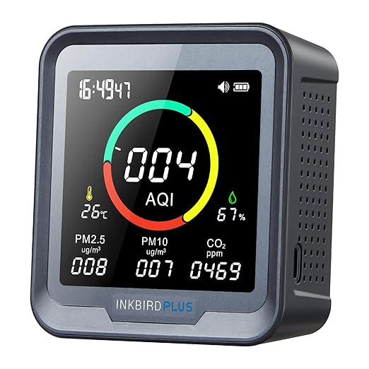 INKBIRDPLUS 6-in-1 Indoor Air Quality Monitor, Detects CO2, PM2.5, PM10, AQI, Temperature and Humidity with Alarm, for Rooms, Cellars, Grow Tents, Offices, etc. (PTH-9A) by INKBIRDPLUS