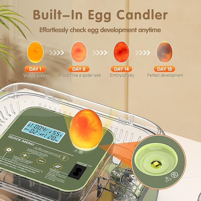 12 Egg Incubator with Automatic Turning, Temperature and Humidity Control, LED Egg Candler, and Auto Water Addition, for Hatching Chicken, Goose, Duck, Quail, Pigeon, and Turkey Eggs - Image 5