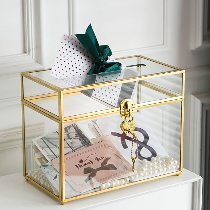 Glass Wedding Card Box with Slot and Lock, Large Clear Card Box Gold Brass Gift Card Storage Box with Lock for Wedding Receptions, Baby Shower, Birthday Party, Bridal Shower by Unknown