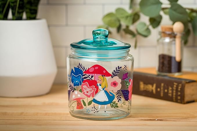 Silver Buffalo Disney Alice in Wonderland Flowers and Mushrooms Glass Cookie Snack Candy Jar with Lid (Small) - Image 6