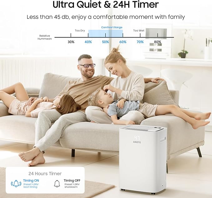 6500 Sq.Ft Energy Star Dehumidifier for Basement Home, ANDTE 120 Pints Large Room Dehumidifiers Efficient with Drain Hose & 1.32 Gal Tank, Smart Humidity Control, Touch Control Panel, Auto Defrost - Image 6