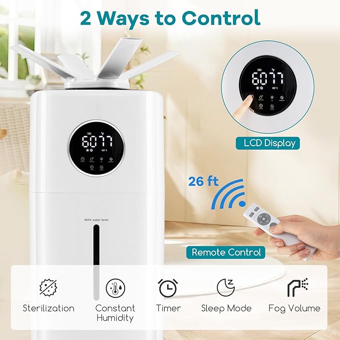 ARLIME Humidifier Large Room 2200 Sq.Ft, 5.5Gal Top Fill Commercial Humidifier w/3 Mist Levels, Power-off Memory, Extension Tube, 360° Nozzles, Whole House Humidifier w/Wheels for Bedroom, Plants - Image 5