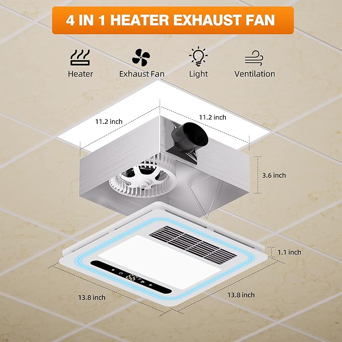 4 in 1 Bathroom Exhaust Fan with Heater, 190 CFM Bathroom Exhaust Fan with Light, 1800W Heating Power, 1.0 Sone Bath Fan with Light, Heating, Ventilation, Remote Control, UL Listed - Image 7