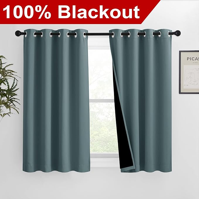 NICETOWN 100% Blackout Curtains 54 inches Long, Double-Deck Completely Blackout Window Treatment Thermal Insulated Lined Drapes for Small Window (Greyish Blue, 1 Pair, 46 inches Width Each Panel) - Image 2