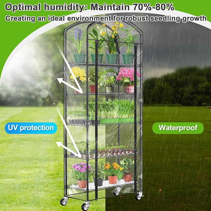 Abimars 5-Tier Greenhouse with Caster Wheel, Each Shelf Height Adjustable Metal Plant Shelf with PVC Cover for Seed Starting Trays, Seedling Pots, Plant Pots, 13x29x73inch - Image 6