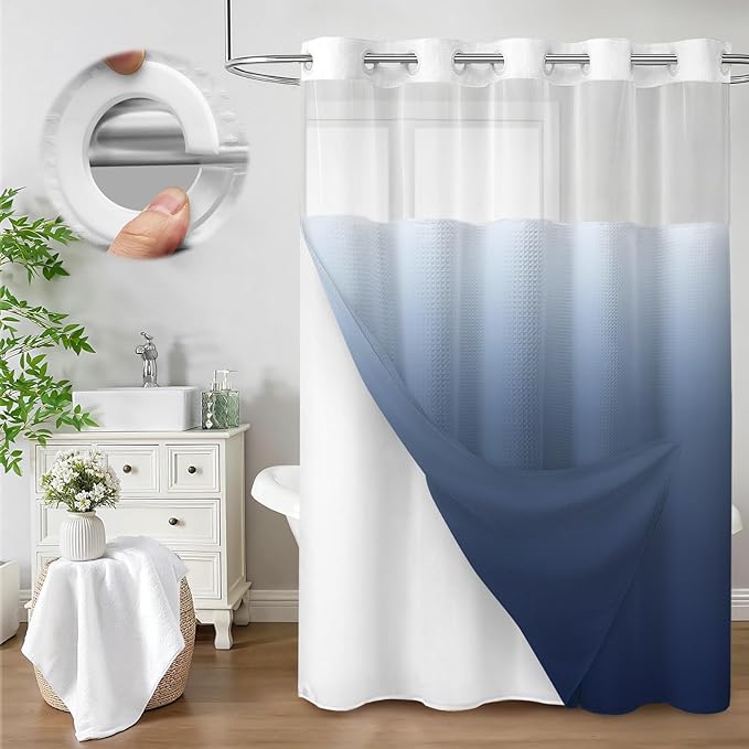 No Hook Shower Curtain and Liner Set,Ombre Blue Hotel Waffle Shower Curtain with Liner 75" L x 72" W by Unknown
