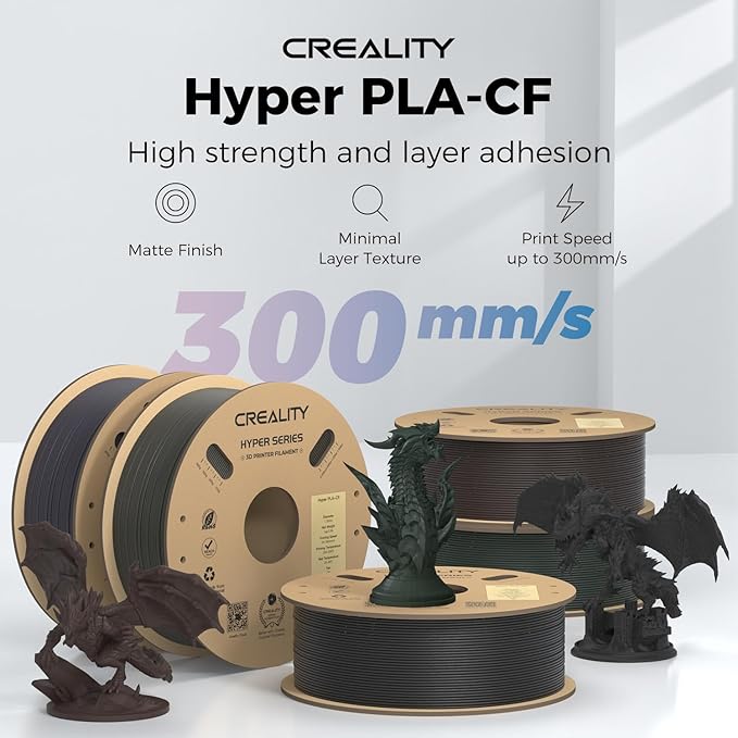 Official Creality Hyper PLA-CF (Carbon Fiber) Filament 1.75mm, High Speed PLA-CF 30-300mm/s 3D Printer Filament, Dimensional Accuracy +/-0.02mm, Fit Most FDM 3D Printers，1KG(2.2lbs) Spool Black - Image 2