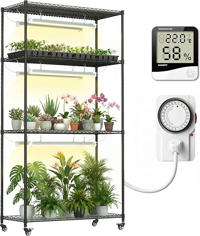 Plant Stand with Grow Lights, 4-Tier Plant Shelf, 6 Sets 3-Color LED Grow Light with Timer, Wide Plant Rack for Indoor Gardening, Seed Starting, Herbs & Flowers, 36" W x 14" D x 63" H by ZOYOYES