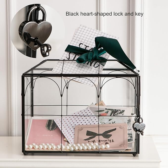 Wedding Card Box with Slot, 10.2'' Large Glass Card Boxes for Reception, Black Geometric Holder, Clear Decorative Storage Box with Lock for Baby Shower, Birthday Party, Christmas, Bridal Shower - Image 3