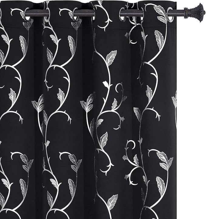BUHUA Blackout Curtain 2 Panel Set Silver Vine Foil Print Thermal Insulated Drapes Room Darkening Curtains Grommet Window Treatment, 66 x 84 Inch, Black by BUHUA