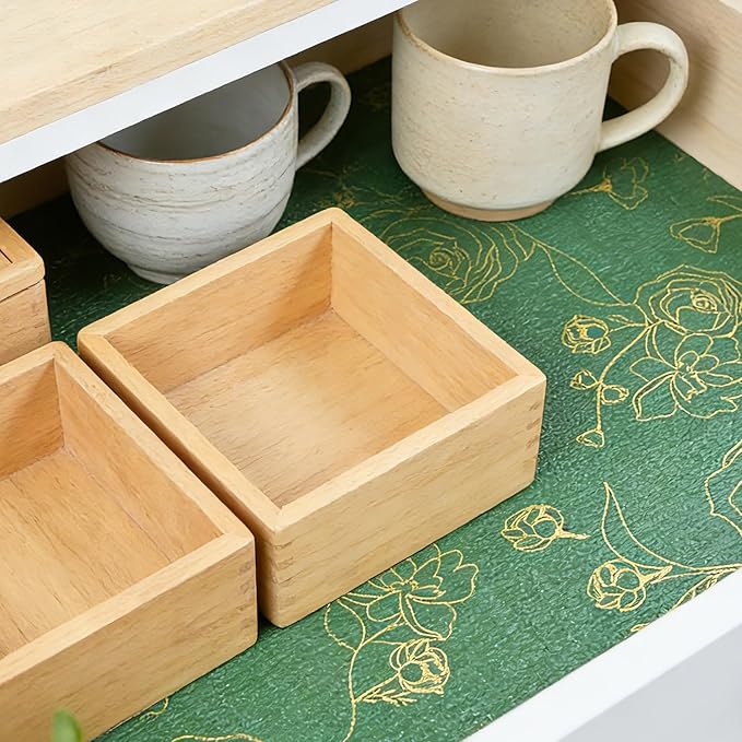 Shelf Liner for Kitchen Cabinets Drawer Liner Non-Adhesive Non-Slip Thickened Shelf Liner Paper Easy to Clean with Green Background Gold Floral Line Pattern for Tool Box Refrigerator.17.3×236.2 inches - Image 7