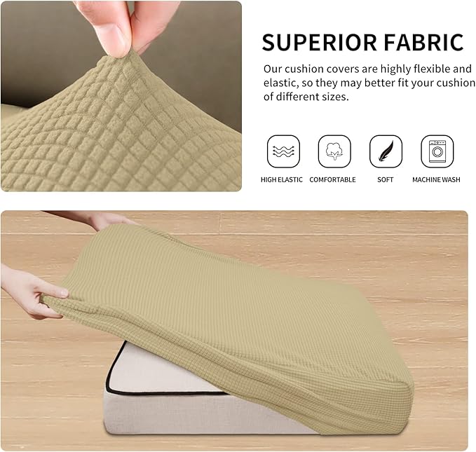 Easy-Going Stretch Individual Chair Couch Cushion Cover Sofa Cushion Furniture Protector Sofa slipcover Soft Flexibility with Elastic Bottom (3-Piece Sofa Cushion Cover, Beige) - Image 5