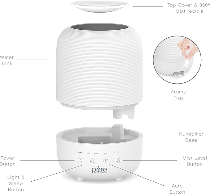 Pure Enrichment® HUME™ Sense Top Fill Humidifier – Large 3L Tank, Auto Mode Humidity Sensor, 3 Mist Settings, Optional Night Light, Optional Aromatherapy, Sleep Mode & Auto Shut-Off - Image 4