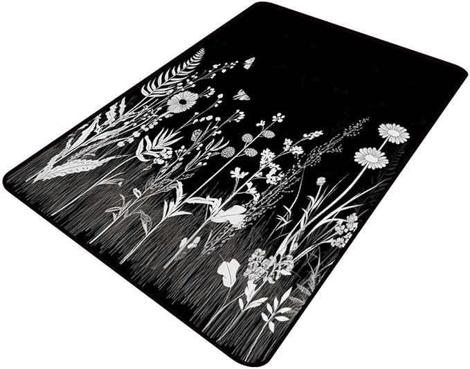 Shag Carpet Black and White Field Flower Pattern Drawing Foldable Area Rugs Fade Resistant, Flame Resistant, Quick Dry, Stain Resistant, Waterproof Floor Carpet for Living Room Bedroom, 18 x 30 Inch by Snarena