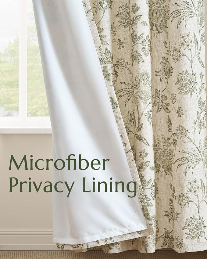 jinchan Lined Linen Floral Curtains for Living Room, 84 Inch Length Printed Flower Farmhouse Patterned French Country Back Tab Green Window Drapes Set Privacy Bedroom Curtains, 2 Panels - Image 4