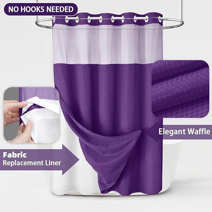 No Hook Shower Curtain and Liner Set,Deep Purple Hotel Waffle Shower Curtain with Liner 75" L x 72" W - Image 3