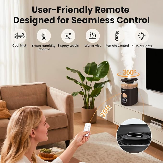 Warm & Cool Mist Humidifier - GloryAir Black 6L Quiet Top Fill Humidifiers for Bedroom Large Room with Smart Humidity Control, Remote Control, 7-Color Light, Humidistat, Oil Diffuser for Baby & Plants - Image 8