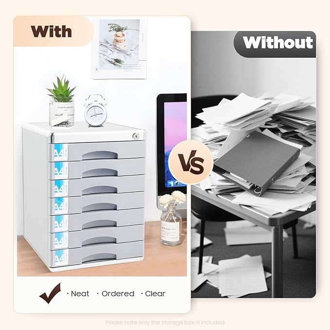 7 Tier Desktop Drawer Organizer, Aluminum Alloy File Organizer, Desktop Drawer Paper Organizer, 7 Drawers with Label Slot Document Storage Box with Key for Offices School - Image 7