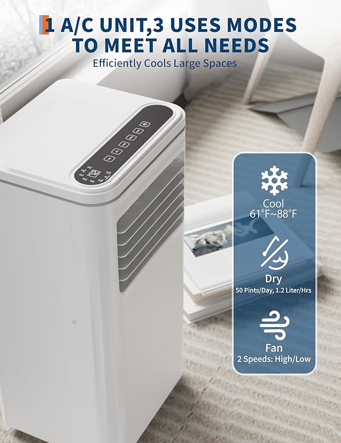 10,000 BTU Portable Air Conditioner,3 in-1 Portable AC Unit for Room up to 450 sq.ft,Remote Control with Cools/Fan/Dehumidifier,for Bedroom Office - Image 3