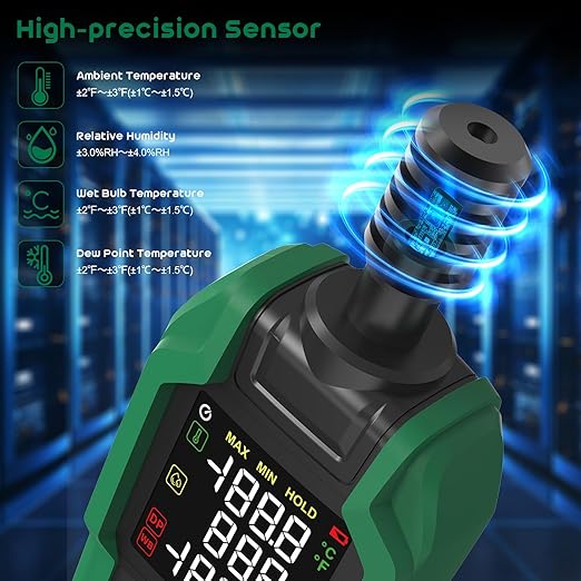 Temperature Humidity Meter, SQECH Digital Hygrometer with Ambient Thermometer,Dew Point,Wet Bulb,Flashlight,Max/Min,Data Hold,High Precision Psychrometer Monitor with Color Backlight for Home HVAC - Image 5